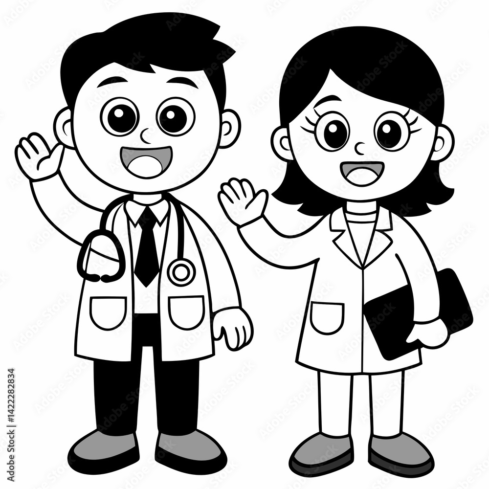 Cute Doctor and Nurse Vector – Black and White Medical Cartoon Characters for Kids Sticker Art Cute Doctor and Nurse Vector – Black and White Medical Cartoon Characters for Kids Sticker Art