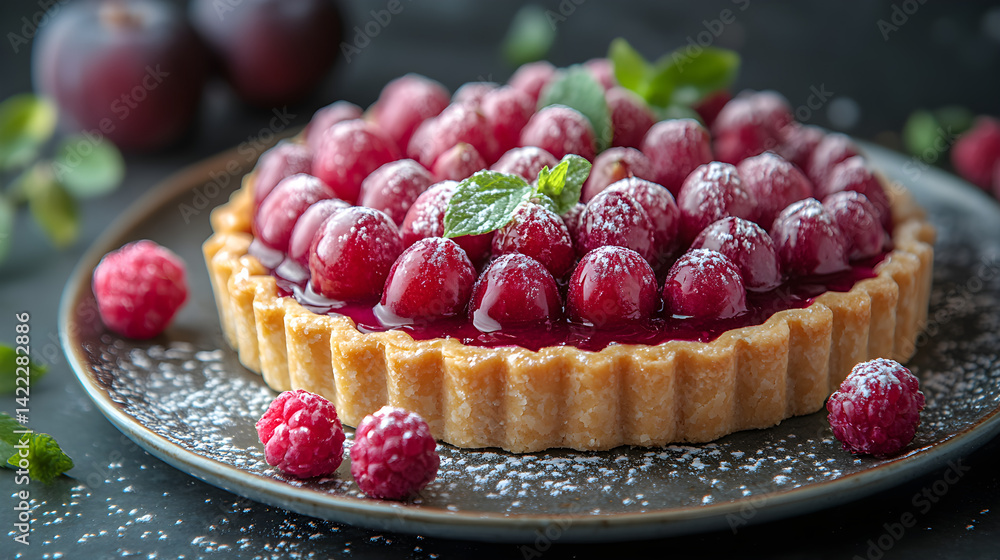 Plum tart with golden pastry crust and deep purple fruit filling served on porcelain dish