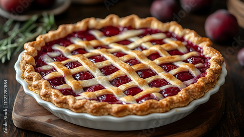 Obraz na płótnie Plum tart with golden pastry crust and deep purple fruit filling served on porcelain dish w salonie