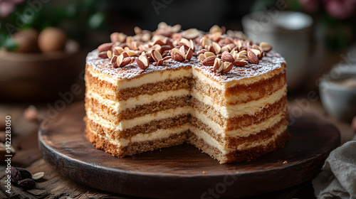 Obraz na płótnie Marzipan cake with smooth almond icing and delicate layers on rustic wooden table w salonie