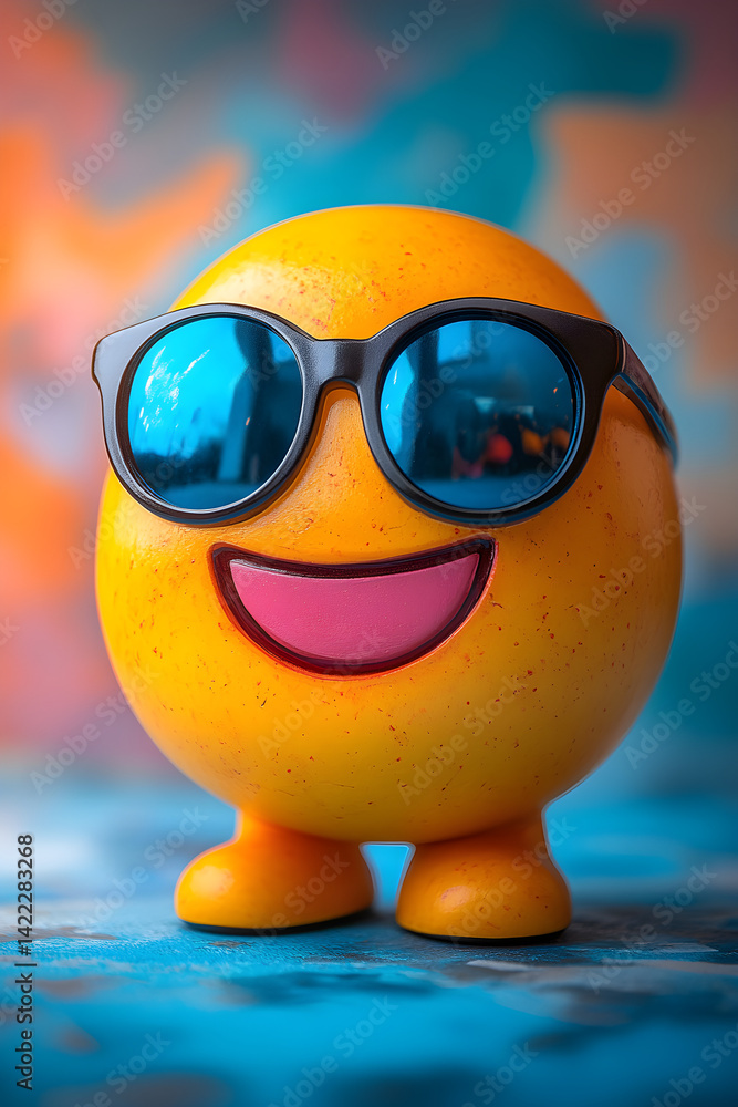 Playful smiling emoji wearing sunglasses against a vibrant abstract background full of colors