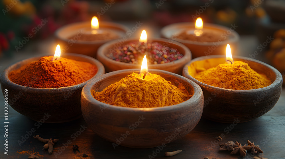 Vibrant spices arranged in decorative plates with warm candlelight creating a festive atmosphere