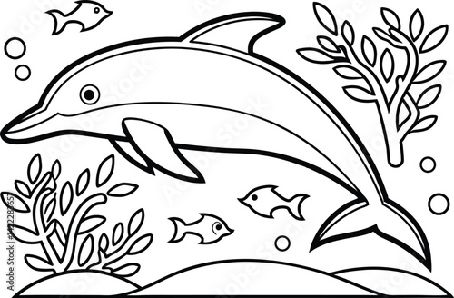 Undersea Outline with Dolphin, Fish, Bubbles, and Seaweed on White