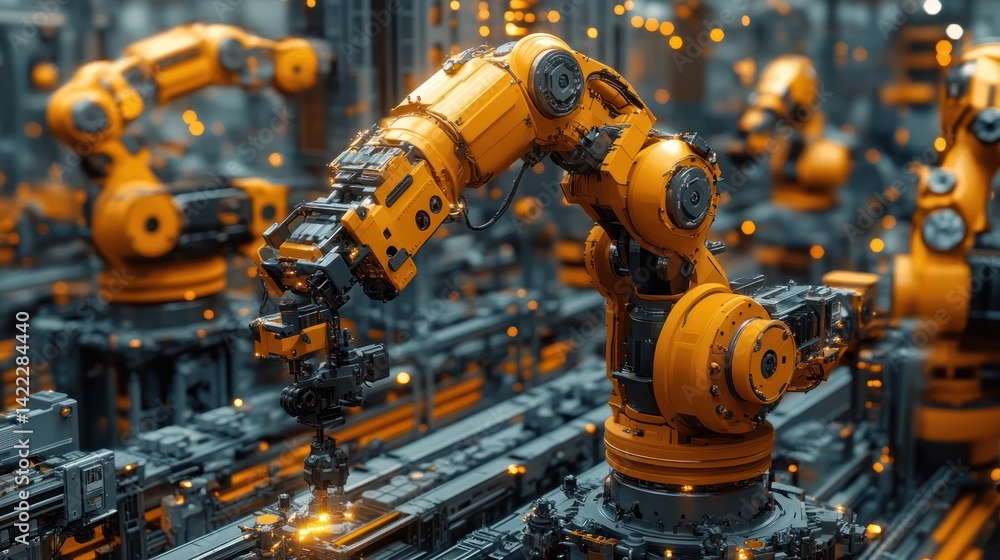 Orange robotic arms assembling parts on production line. Orange robotic arms assembling parts on production line.