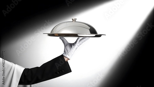 A Gourmet Presentation: A hand, impeccably gloved in white, presents a covered silver platter, a culinary gesture of service and luxury, showcased against a dramatic spotlight.