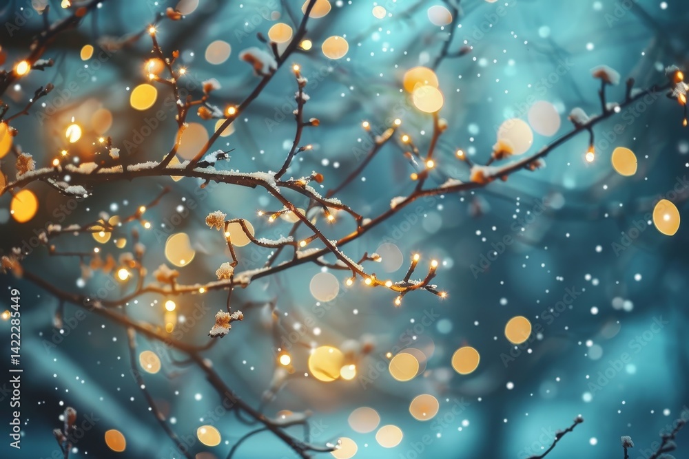 Fototapeta premium A close-up shot of fairy lights strung on snow-covered branches against a blurred background, Magical fairy lights twinkling softly