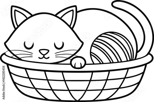 Contour cat with ball sleeps in a wicker basket on transparent background