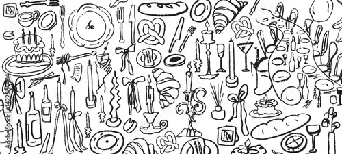 Isolated vector set of hygge cozy homedecor. Decor. Candles, food, restaurant, dishes, baguette, candelabra, France, breakfast, wine, bow, cutlery. Menu and decoration of the party. Hand drawn doodles