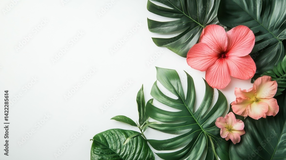 custom made wallpaper toronto digitalPink flowers and green leaves on minimalist white background - nature-inspired decorative flat lay.