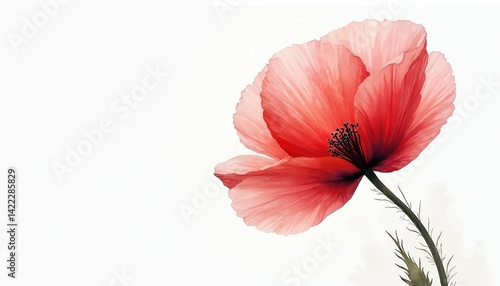 Watercolor illustration of red poppy flower against white background. Elegant floral art perfect for decor, design. Spring blossom with vibrant colors. Suitable for cards, posters, invitations print.