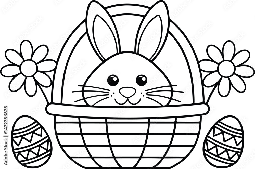 Cute Rabbit in Basket with Eggs and Flowers Outline on Transparent Background Cute Rabbit in Basket with Eggs and Flowers Outline on Transparent Background