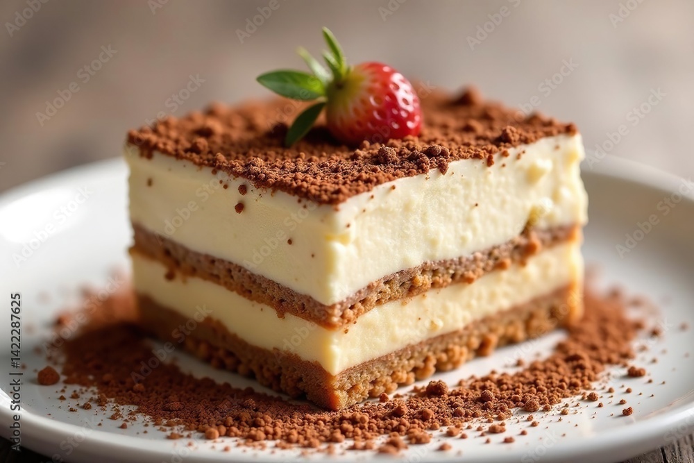 Individual tiramisu portion, dusted with cocoa , background, high angle Individual tiramisu portion, dusted with cocoa , background, high angle