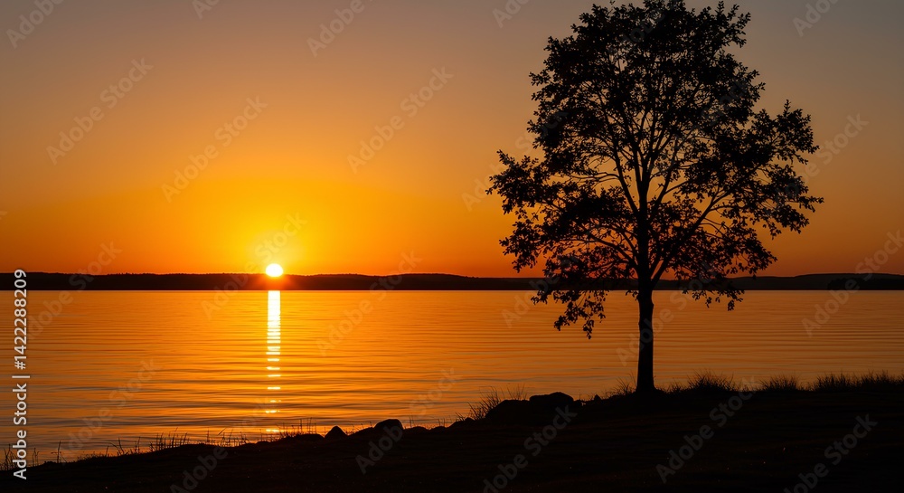 Serene Sunset Over Calm Lake with Silhouetted Tree
Serene Sunset Over Calm Lake with Silhouetted Tree