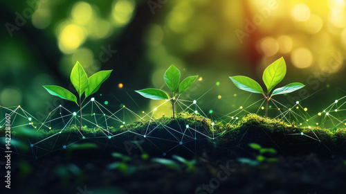 Smart Agriculture Concept with Green Seedlings and Digital Network