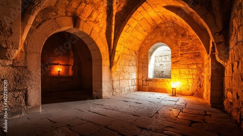 Medieval castle interior with arched doorways and torchlit ambiance.