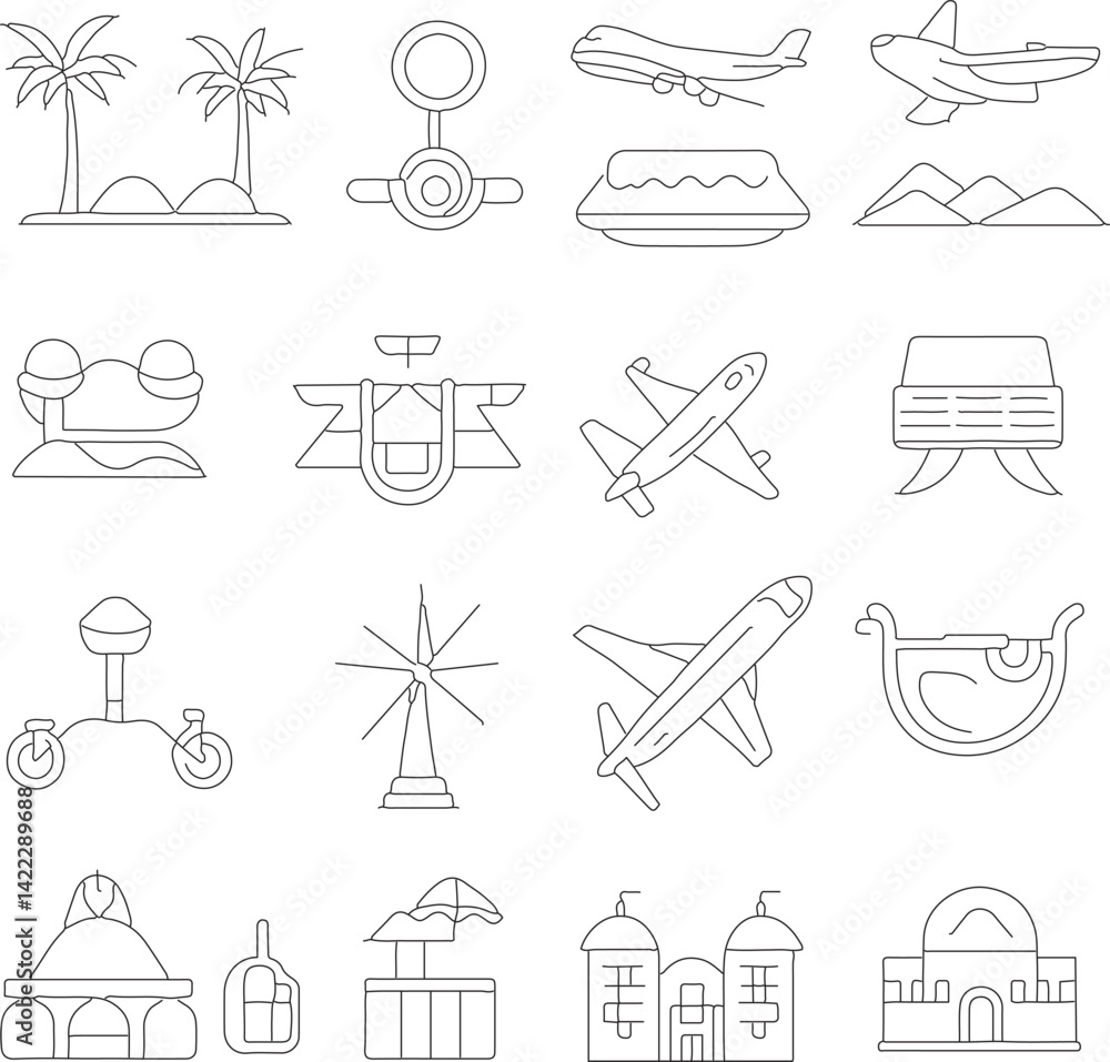 Travel line icon set. Set of 30 outline icons related to travel, hotel, holiday, tourism, beach, plane, map, agent and others. Vector illustration Travel line icon set. Set of 30 outline icons related to travel, hotel, holiday, tourism, beach, plane, map, agent and others. Vector illustration