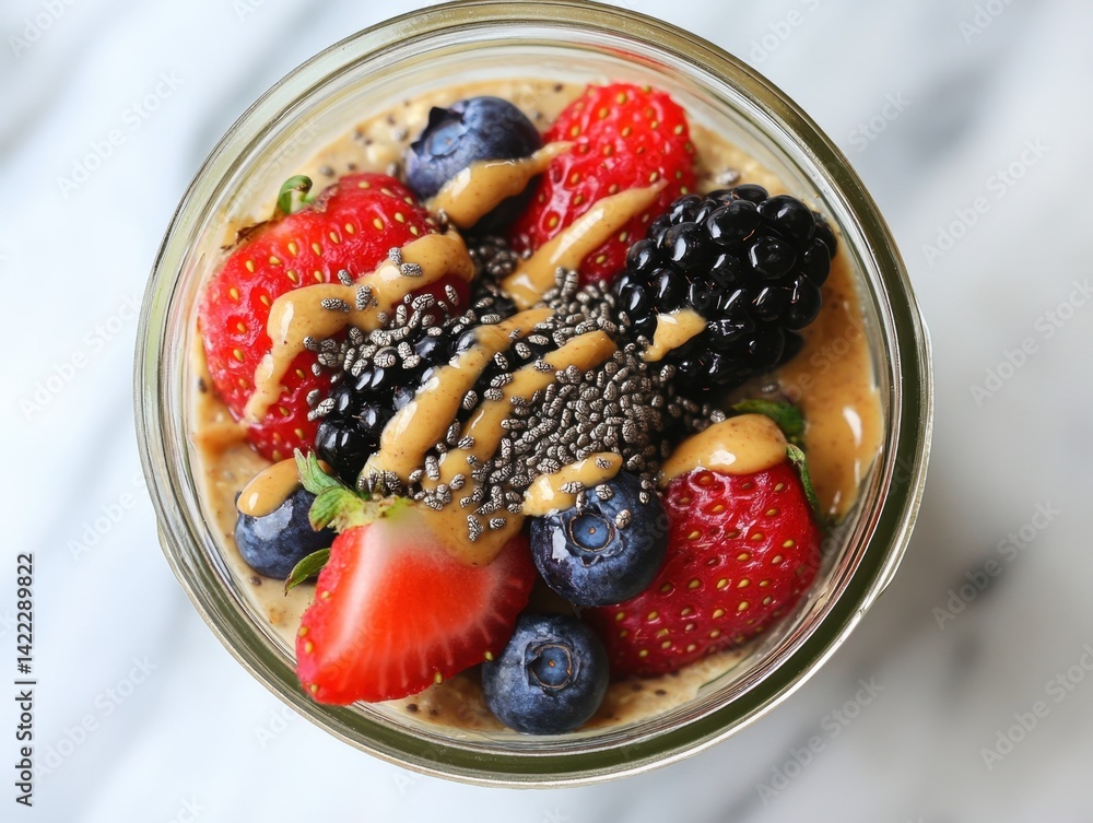 Delicious overnight oats with fresh berries and almond butter in a glass jar on marble background healthy breakfast food photography