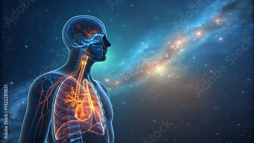 Cosmic Anatomy: A surreal composition merging the human form with the vastness of the cosmos, showcasing the interconnectedness of existence and the inner workings of the human body.