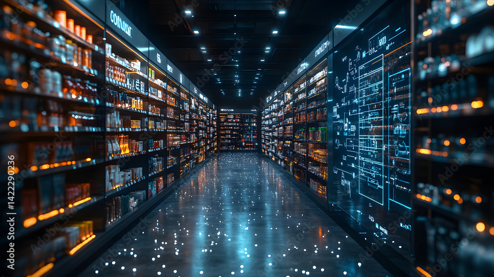 Futuristic retail store with interactive smart shelves, showcasing automation and digital commerce transformation Futuristic retail store with interactive smart shelves, showcasing automation and digital commerce transformation