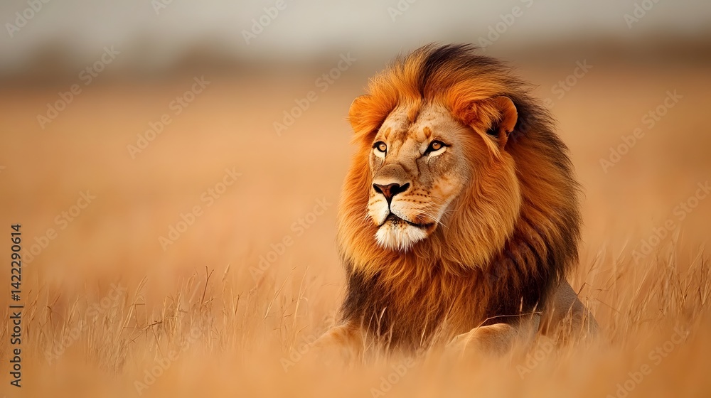 Obraz premium Majestic Lion's Gaze: A solitary lion rests regally in a field of tall grass, its intense stare capturing the spirit of the wild. The warm, golden light enhances the striking colors of its mane.