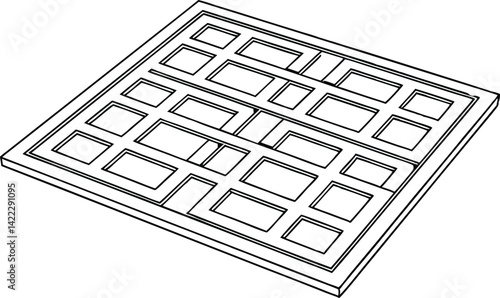 Waffle Isolated on White Square Pattern with Distinct Sections Linear Outline