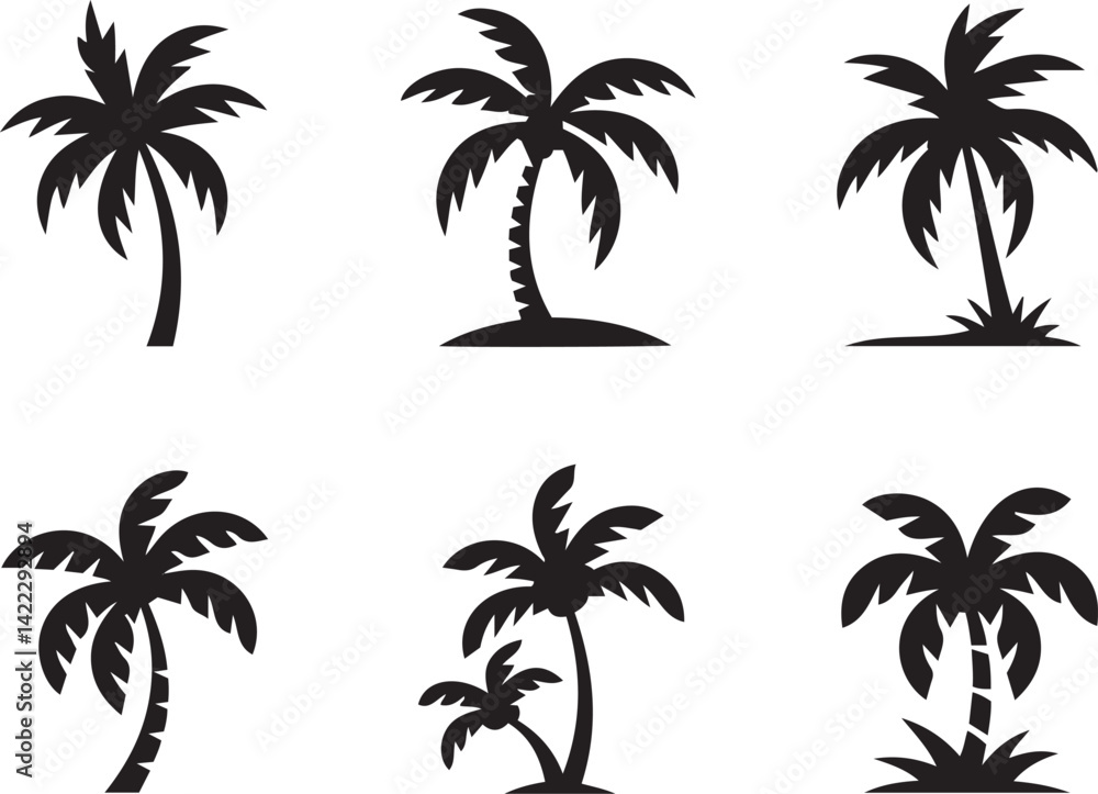 Fototapeta premium black palm tree icons set for tropical summer designs and beach vacation logos 