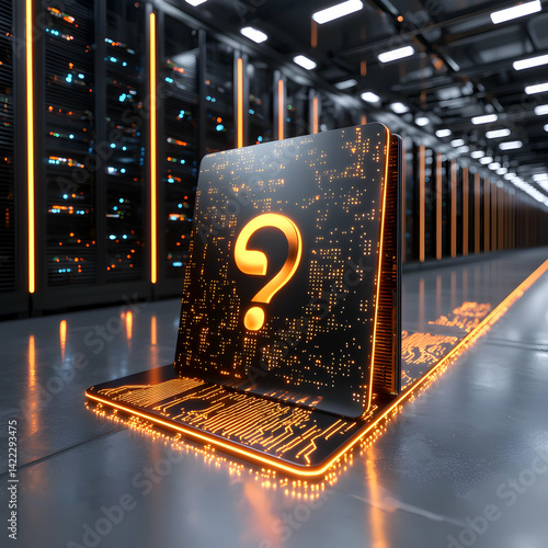 An enigmatic question mark sits within a futuristic server room symbolizing data analysis or troubleshooting. Useful for tech articles data security solutions and software.