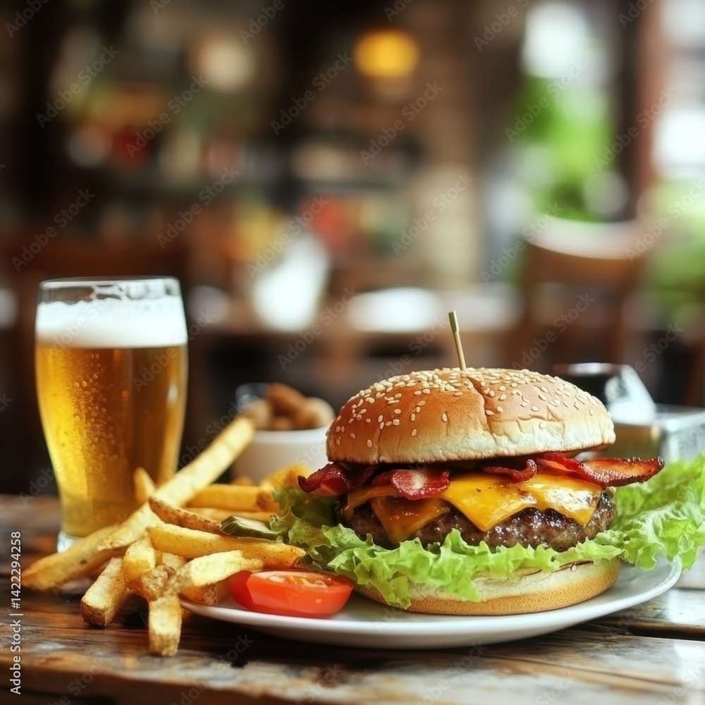 Delicious cheeseburger with crispy bacon and fresh lettuce alongside golden fries and cold beer on rustic wood