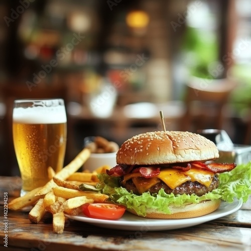 Obraz na płótnie Delicious cheeseburger with crispy bacon and fresh lettuce alongside golden fries and cold beer on rustic wood w salonie