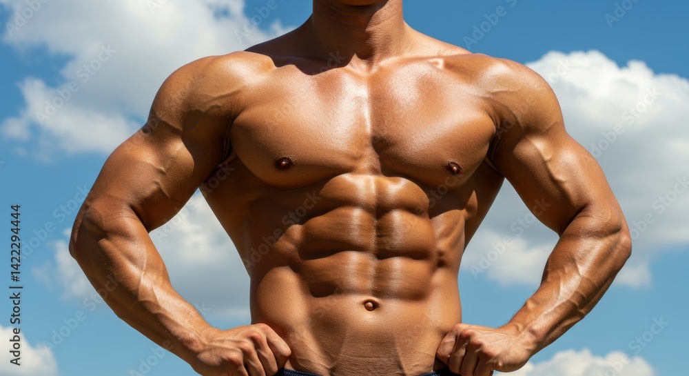 Fototapeta premium A muscular, male bodybuilder with a defined chest, arms, and shoulders, standing in a classic bodybuilding pose.