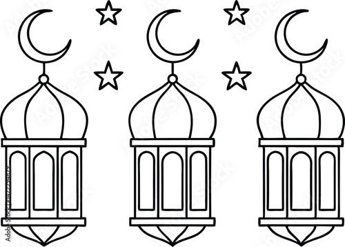 Ramadan Lanterns with Crescent Moon and Stars in Line Art with Transparent Background
