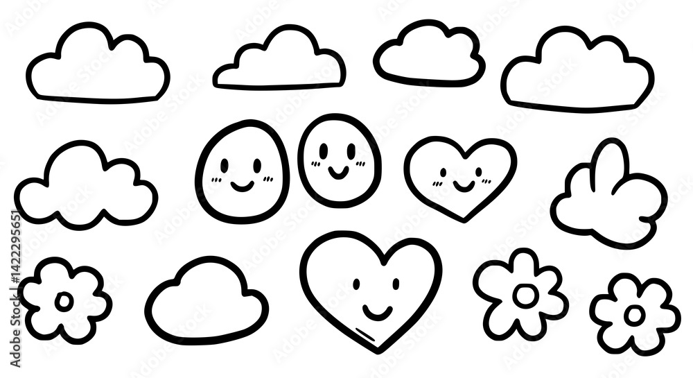 Obraz premium Cute Doodle Cloud Heart Flower and Face Clipart Set