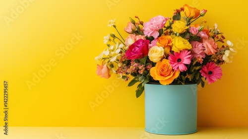 Wallpaper Mural Vibrant Flower Bouquet in Blue Box Against Yellow Background Torontodigital.ca