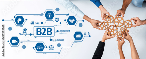 Obraz na płótnie Diverse hands come together to create a collaborative partnership for B2B e-commerce solutions, showcasing agreement and strategic growth in a digital marketplace. Amity w salonie
