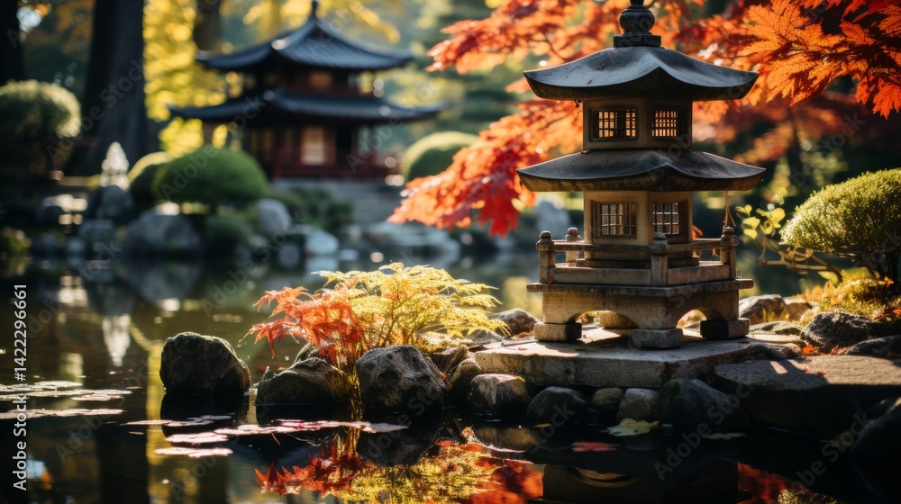 Fototapeta premium Blurred background of a serene japanese zen garden featuring blossoming trees, a tranquil pond, and carefully arranged rocks, creating a peaceful outdoor retreat for meditation.