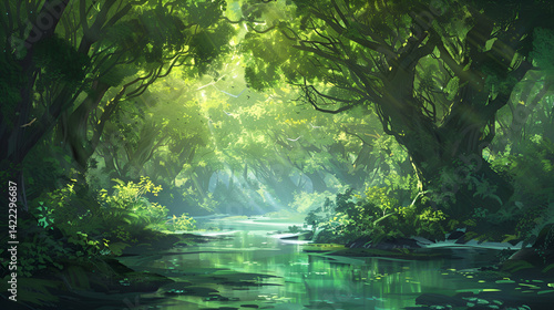 Wallpaper Mural A stream flows through a dense green forest with sunlight filtering through the canopy of trees above it . Torontodigital.ca