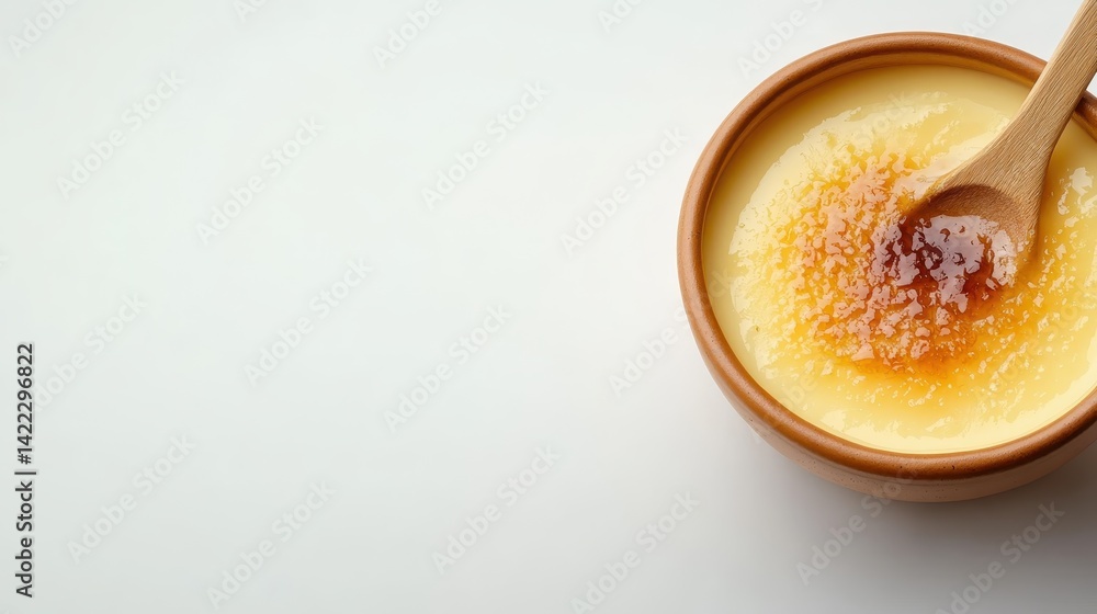 This image features a delicious creamy dessert placed in a traditional brown bowl, enhancing its visual appeal with a luscious golden caramel topping and a wooden spoon. This image features a delicious creamy dessert placed in a traditional brown bowl, enhancing its visual appeal with a luscious golden caramel topping and a wooden spoon.
