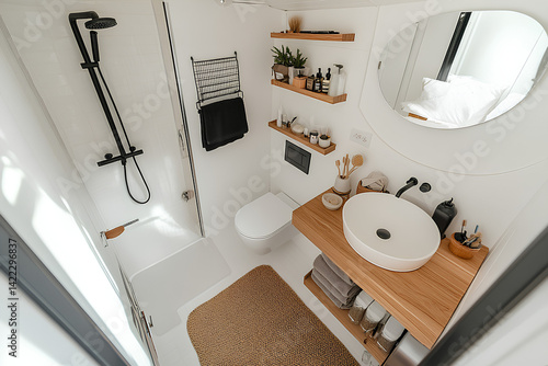 A compact bathroom with a small shower, toilet and sink. 