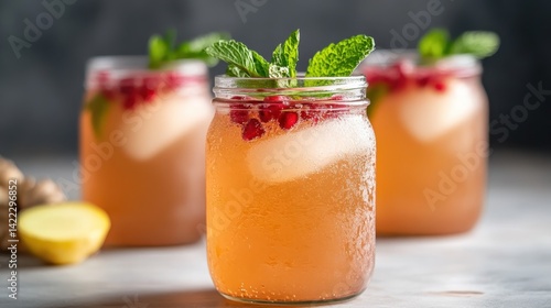 This refreshing spritzer in glass jars features mint and pomegranate, exuding a vibrant and energizing feel, perfect for a summer gathering with friends and family.
