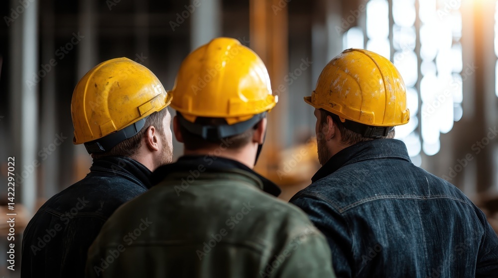 A team of workers in yellow hard hats is shown from behind, attentively observing and discussing plans for construction, symbolizing unity in the workplace. A team of workers in yellow hard hats is shown from behind, attentively observing and discussing plans for construction, symbolizing unity in the workplace.