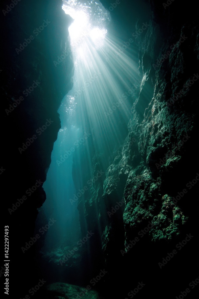 Underwater Sunlight Beams Through a Cave Opening Illuminating the Dark Depths with Ethereal Light Play Underwater Sunlight Beams Through a Cave Opening Illuminating the Dark Depths with Ethereal Light Play