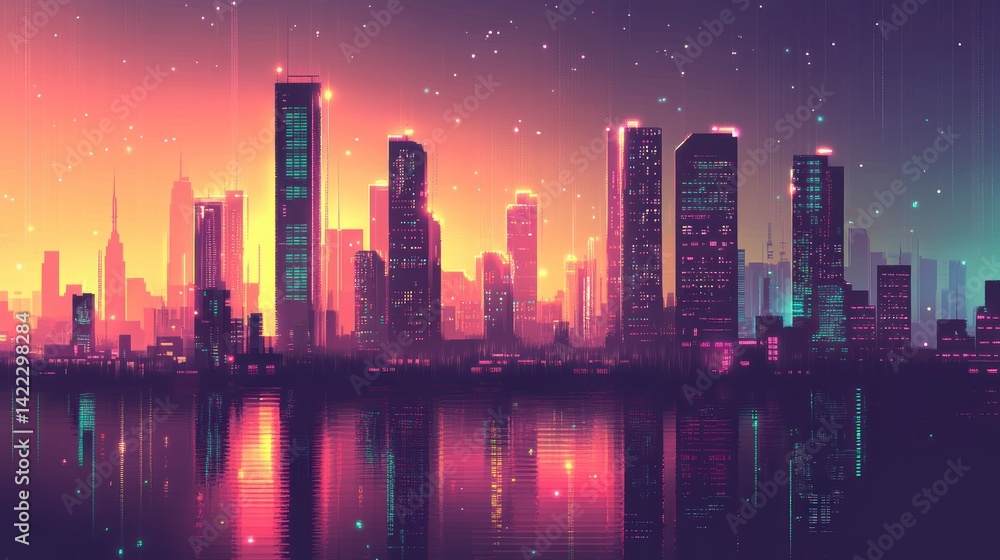 Fototapeta premium Vibrant cityscape reflecting in a tranquil water body at dusk.