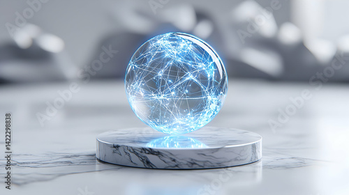 A glowing sphere of interconnected energy rests on a marble platform. This image is perfect for visualizing technology network concepts or futuristic data. It can be used for presentations or illustra