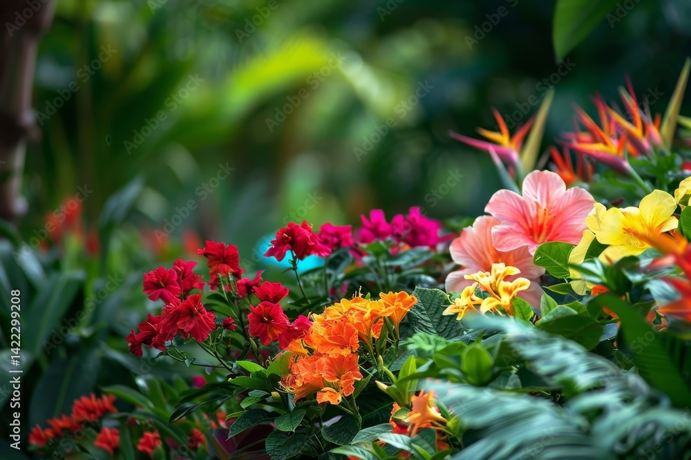Fototapeta premium A close-up view of brightly colored tropical flowers blooming in a lush garden, Vibrant tropical flowers blooming in a garden