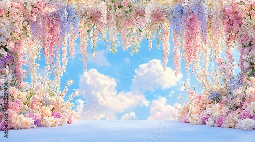 Floral arch, spring sky backdrop