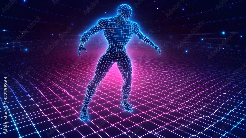 Futuristic Blue and Pink Neon Grid with 3D Figure Creation Futuristic Blue and Pink Neon Grid with 3D Figure Creation
