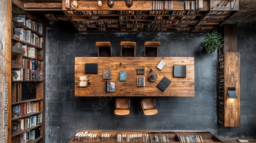 Rustic Library Study Room: Overhead View of Wooden Table and Bookshelves