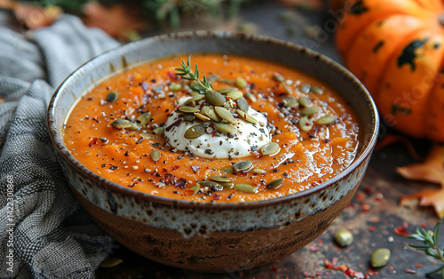 Close-up of pumpkin soup bowl with cream swirl and toasted pepitas in autumn tones, perfect for fall, seasonal cuisine, and cozy food-themed stock visuals.

