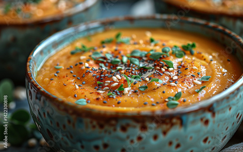 Close-up of pumpkin soup bowl with cream swirl and toasted pepitas in autumn tones, perfect for fall, seasonal cuisine, and cozy food-themed stock visuals.

