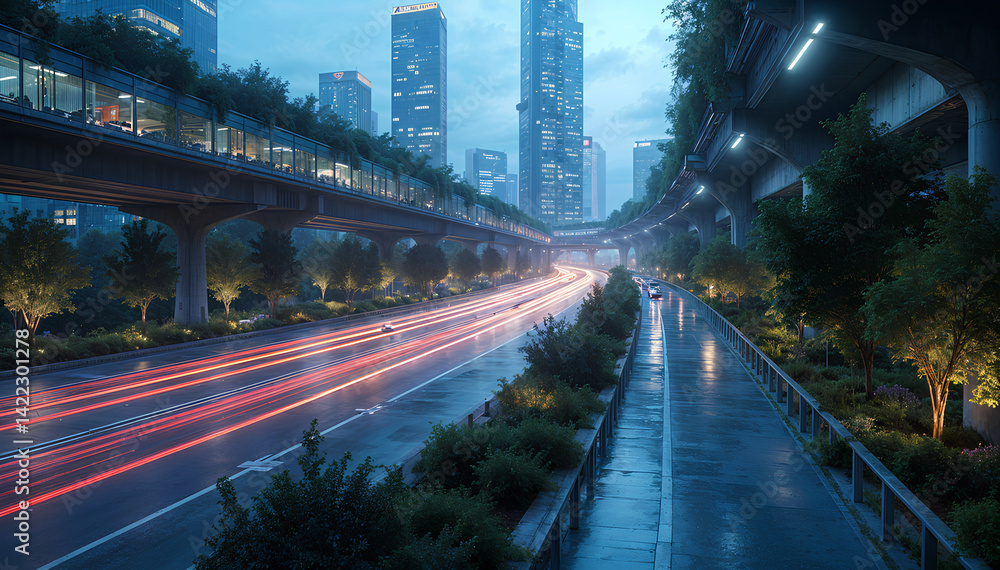 Fototapeta premium Smart transportation hub with AI-controlled traffic overlays, glowing data flows, and digital city grid, representing future urban mobility, planning, and smart city tech